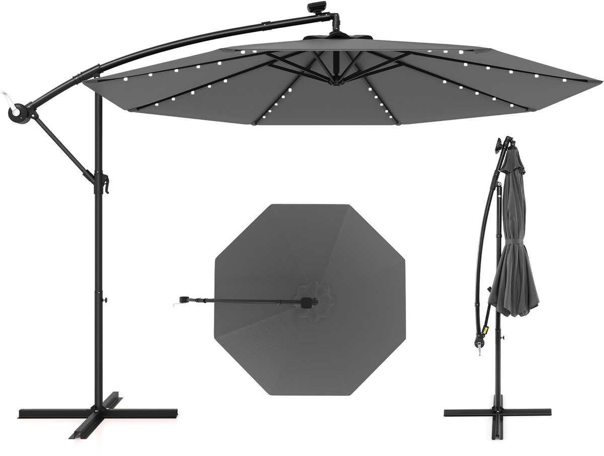 COSTWAY Parasol 300 cm, zweefparasol met 40 ledlampen op zonne-energie en zwengel, tuinscherm, marktparasol, terrasparasol voor tuin, zwembad, terras, antraciet, antraciet, 300 cm (0015706482593)
