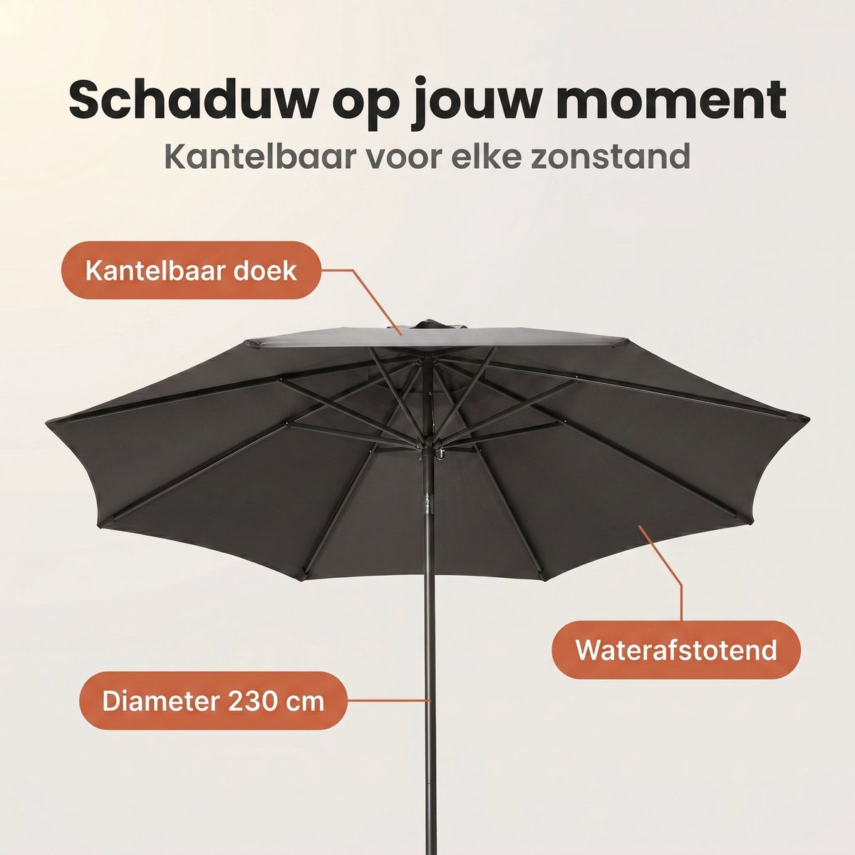 Cheqo® Parasol - Tuinparasol Antraciet - Kantelbaar - UV Bescherming - Waterafstotend - Tuin en Terras - Buiten Zonwering - Stokparasol - Camping Parasol - Terrasparasol - Balkon Parasol - Schaduwdoek - Parasoldoek - Ronde Parasol - Grijs (8721458018110)