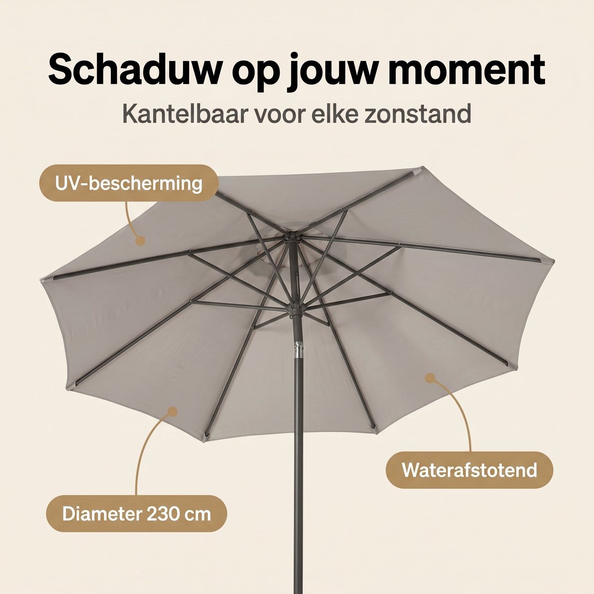 Cheqo® Tuinparasol Grijs - Stokparasol - Terrasparasol - Balkonparasol - Strandparasol - Parasol voor Tuin en Terras - UV-Bescherming - Waterafstotend - Buitenzonwering - Kantelbaar - Zwengelparasol - Grijze Ronde Parasol - Zonnescherm (8721458018097)