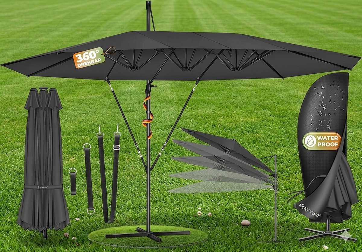 Dubbele Ampelschirm 460 x 270 cm XXL, 360° Draaibaar & Kantelbaar, UV-Bescherming en Waterafstotend, Aluminium Zweefparasol met Kurbel, Standaard en Beschermhoes, Extra Grote Tuinparasol - Urbanhome (9505678733416)