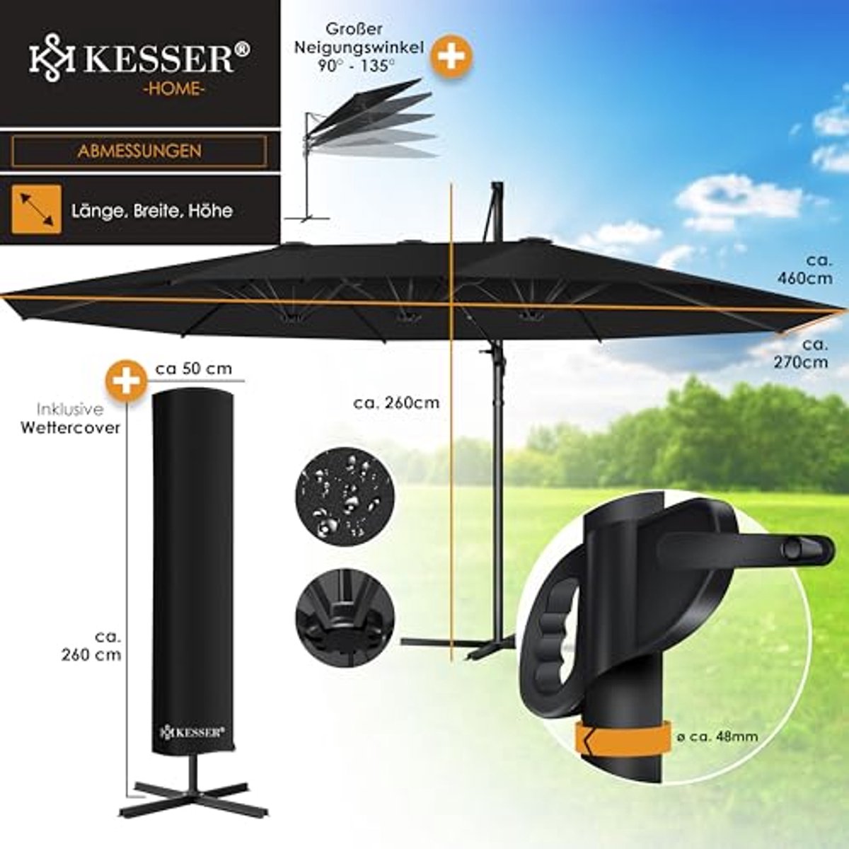 Dubbele Parasol 4,6m x 2,7m | Zweefparasol met beschermhoes, windscherm, en 360° draaibaar ontwerp (6154015252252)