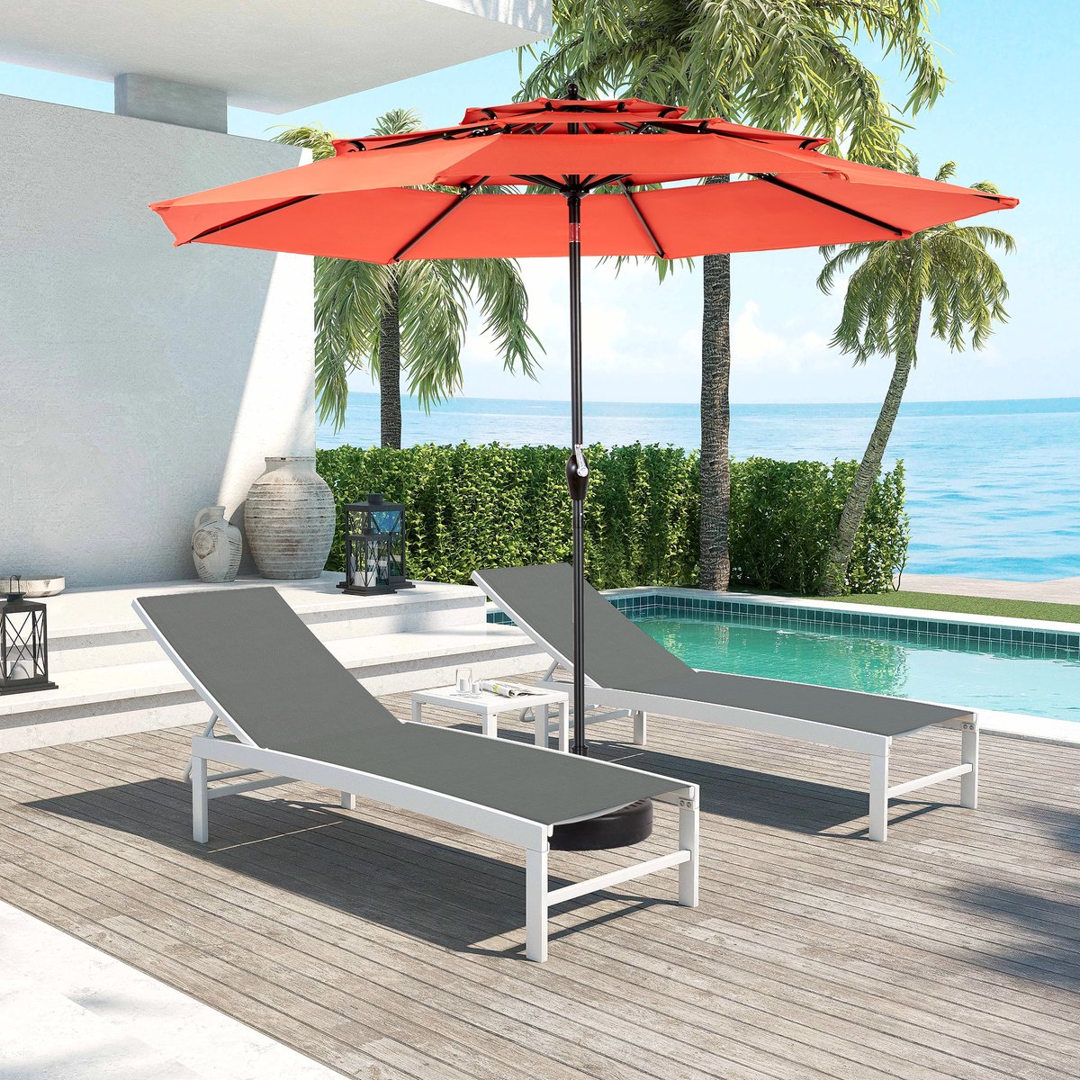 Dubbele Parasol ROLIPO - Rechthoekige Tuinparasol met Handslinger - Grote Stokparasol - UV-werend en Waterafstotend - Stalen Frame met 12 Baleinen - Oranje - Voor Terras, Tuin en Zwembad - Zonder Voet - 450x270 cm (0785366494839)