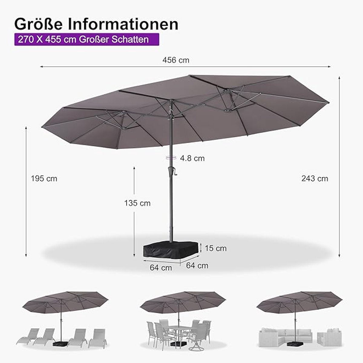Dubbele Zweefparasol 455x270 cm Rechthoekig XXL Tuinparasol met Zwengel, UV-bescherming en Inclusief Voet + Zandzakken - Mobili Bella (9502267794988)