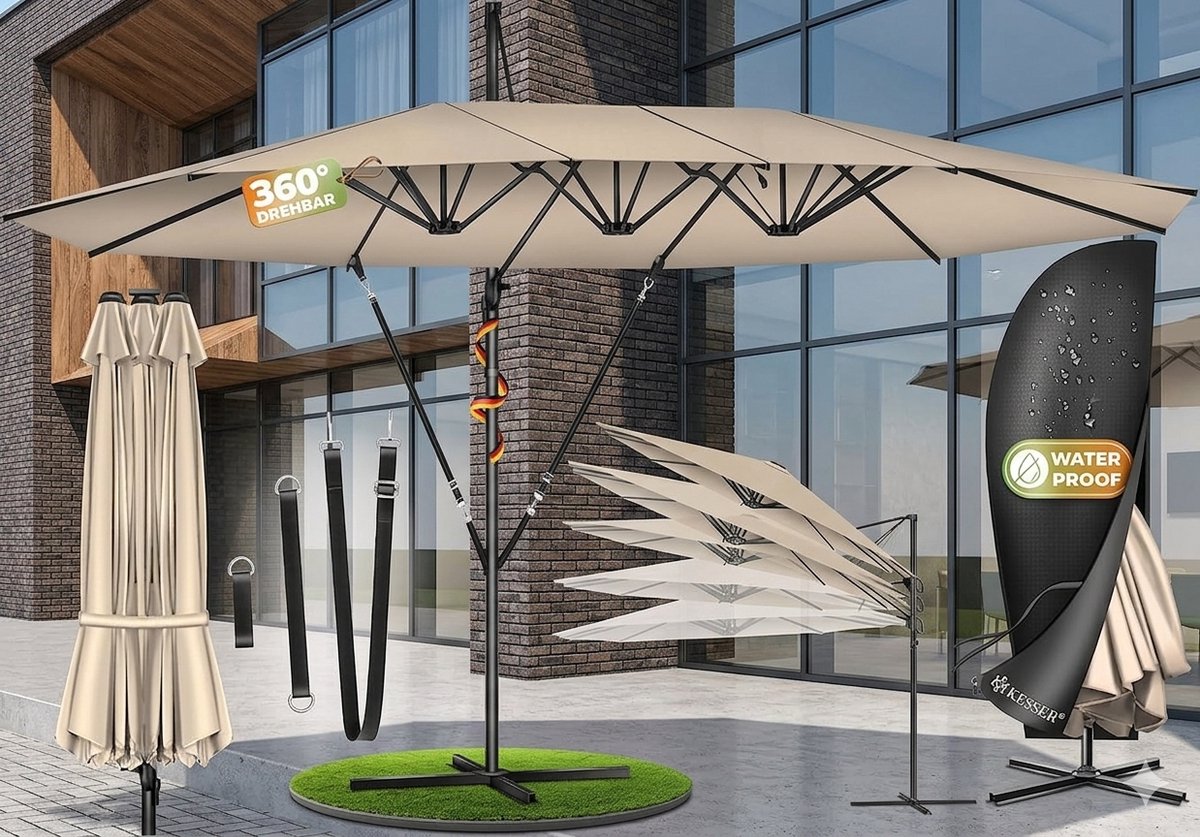 Dubbele Zweefparasol 460 x 270 cm XXL - 360° Draaibaar, Kantelbaar, Aluminium Frame, UV-Bescherming & Waterafstotend, Inclusief Beschermhoes en Standaard - Antraciet - Urbanhome (9507993161547)