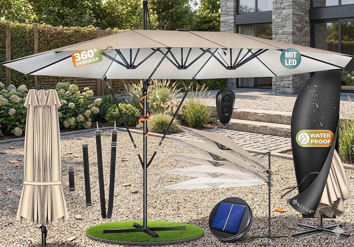 Dubbele Zweefparasol 460 x 270 cm XXL - 360° Draaibaar, Kantelbaar, Aluminium Frame, UV-Bescherming & Waterafstotend, Inclusief Beschermhoes en Standaard - Antraciet - Urbanhome (9501996617452)