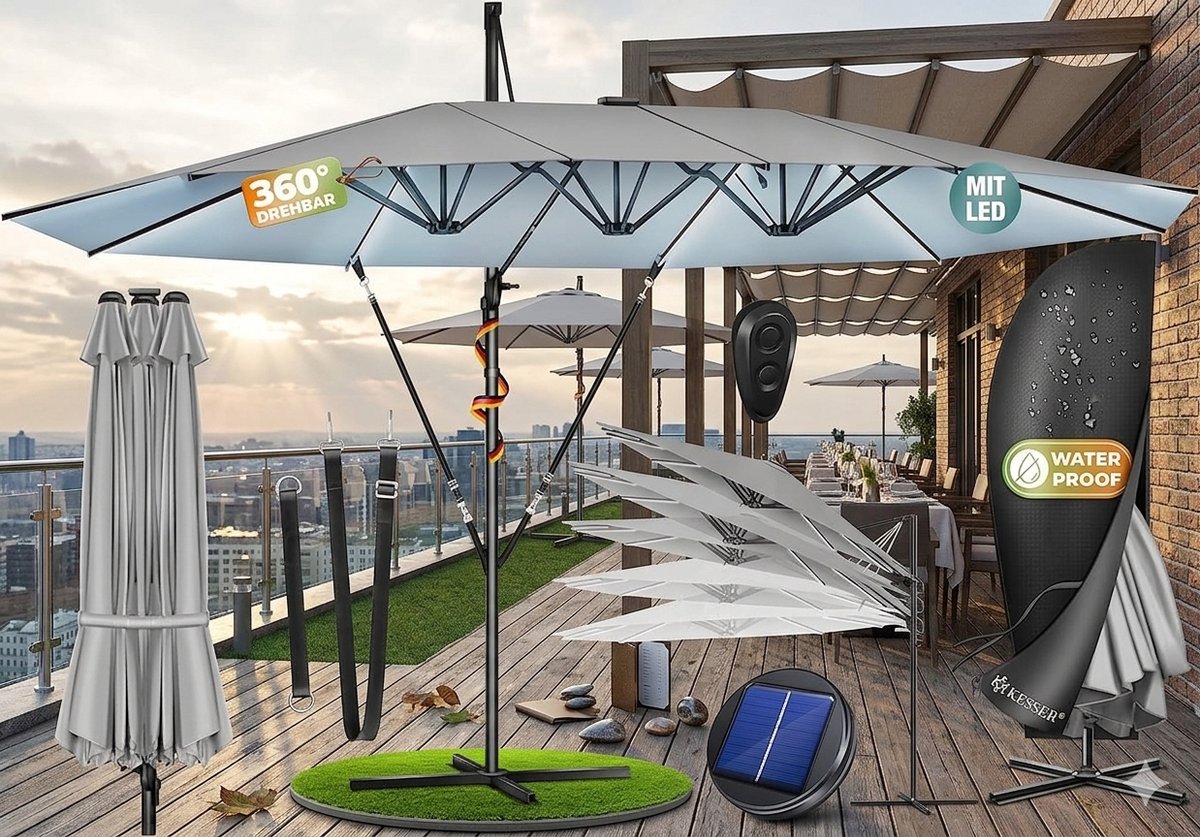 Dubbele Zweefparasol 460 x 270 cm XXL - 360° Draaibaar, Kantelbaar, Aluminium Frame, UV-Bescherming & Waterafstotend, Inclusief Beschermhoes en Standaard - Antraciet - Urbanhome (9507667592455)