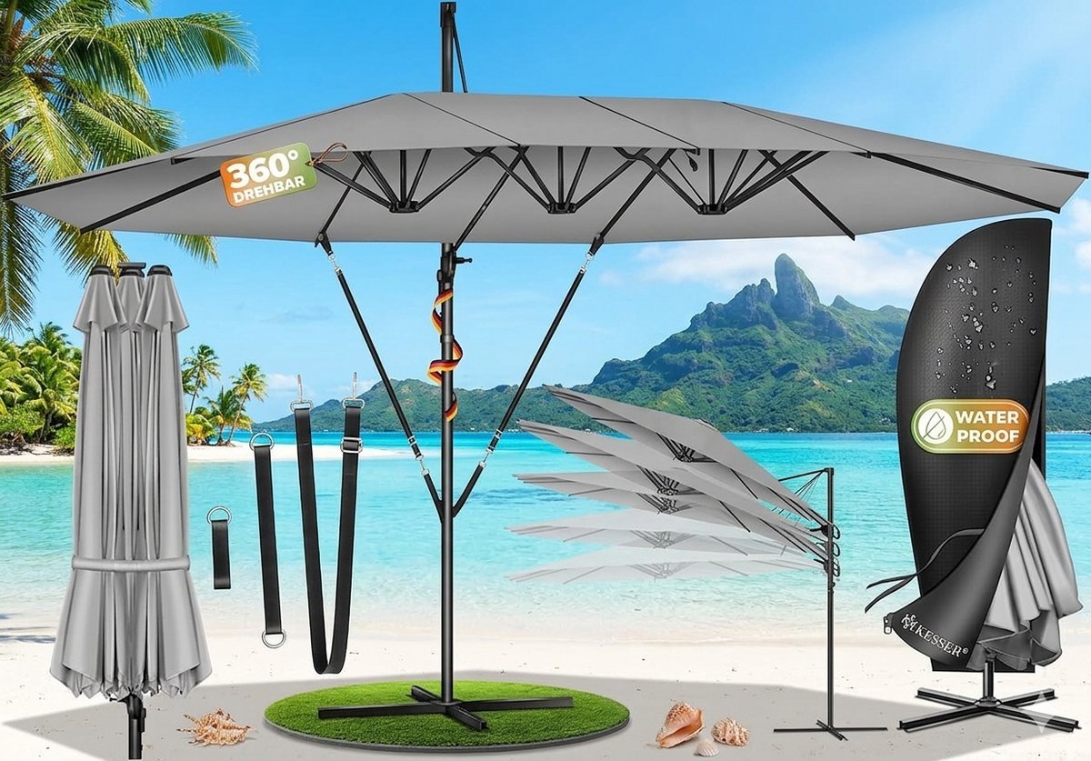 Dubbele Zweefparasol 460 x 270 cm XXL - 360° Draaibaar, Kantelbaar, Aluminium Frame, UV-Bescherming & Waterafstotend, Inclusief Beschermhoes en Standaard - Antraciet - Urbanhome (9508838391242)
