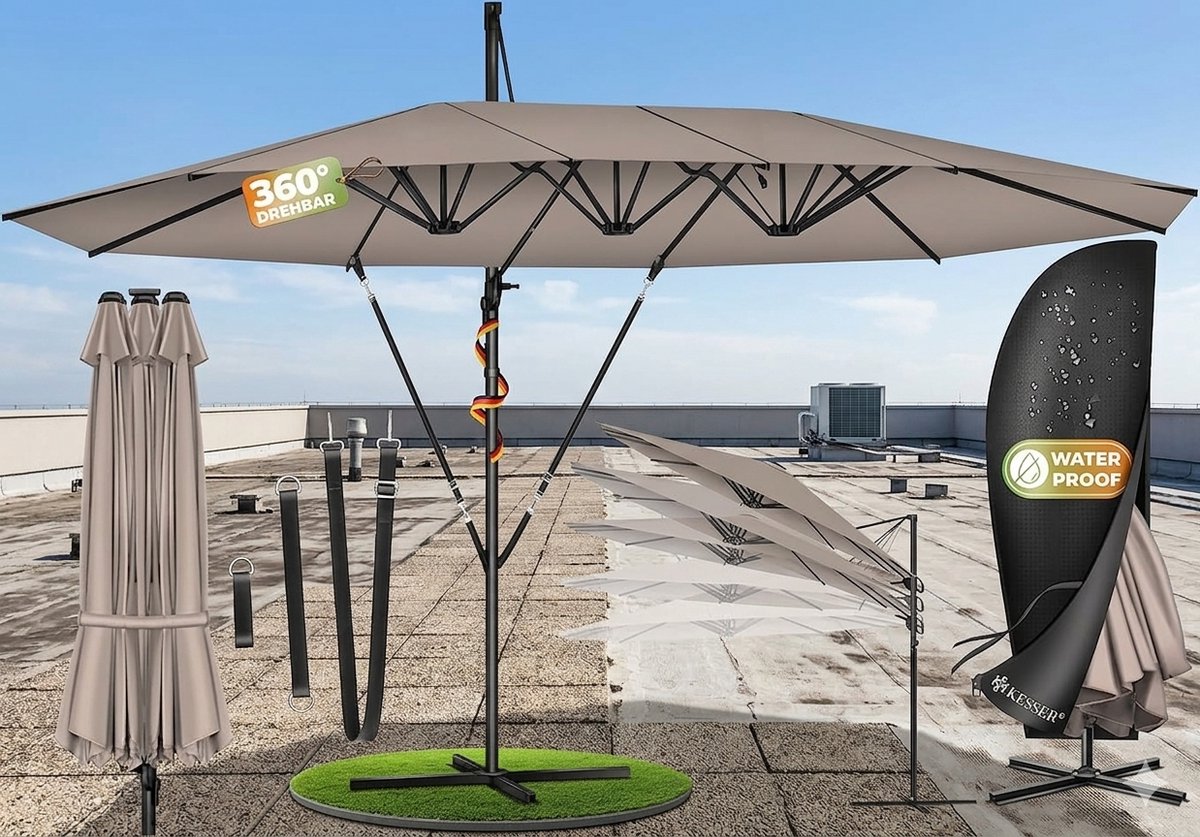 Dubbele Zweefparasol 460 x 270 cm XXL - 360° Draaibaar, Kantelbaar, Aluminium Frame, UV-Bescherming & Waterafstotend, Inclusief Beschermhoes en Standaard - Antraciet - Urbanhome (9502168819377)