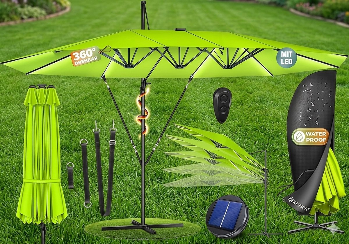 Dubbele Zweefparasol 460 x 270 cm XXL - 360° Draaibaar, Kantelbaar, Aluminium Frame, UV-Bescherming & Waterafstotend, Inclusief Beschermhoes en Standaard - Antraciet - Urbanhome (9501938996980)