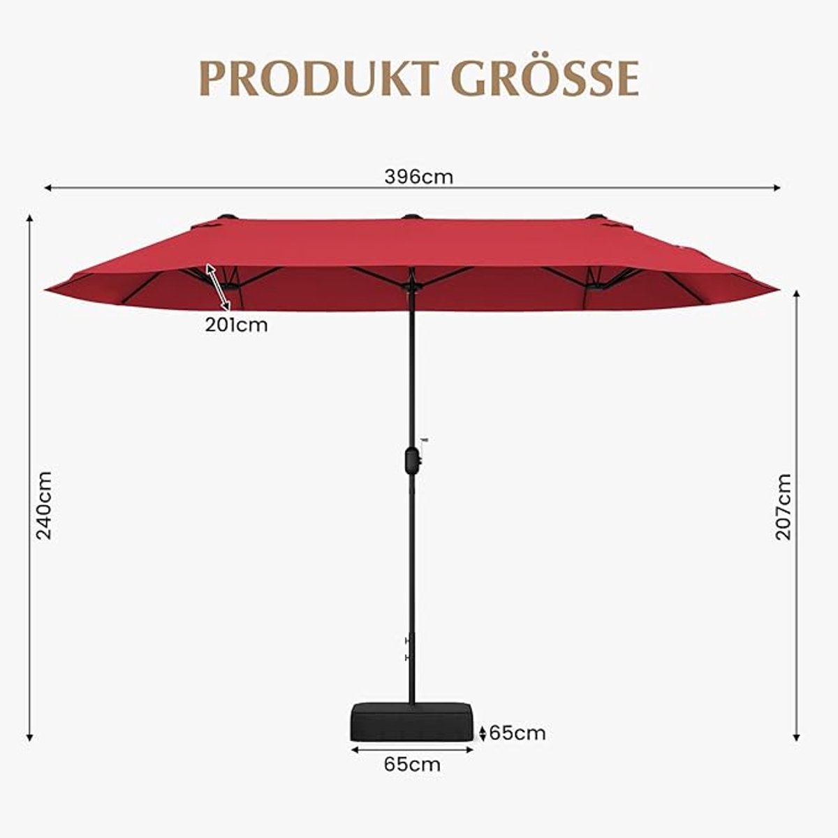 Dubbelzijdige Zweefparasol 396 x 201 cm met Zwengel, Kantelbaar & Ventilatie - UV-bestendig, Windbestendig, Inclusief Vulbare Kruisvoet - Mobili Bella (9509964434339)
