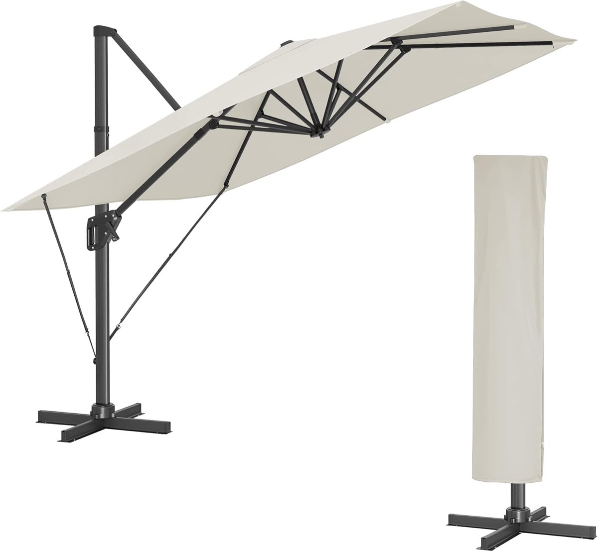 FurnStar - Parasol 290 x 290 cm - Zweefparasol - Tuinscherm - UV-bescherming UPF 50+ - 360° draaibaar - Hellingshoek verstelbaar - Met standaard, bevestigingsriemen en afdekking - Beige (8683420413418)