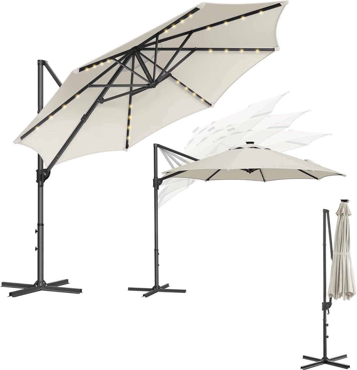 FurnStar - Parasol 300 cm - Zweefparasol - 28 LED-lampen op zonne-energie - UV-bescherming UPF 50+ - 360° draaibaar - Traploos kantelbaar - Met zwengel, kruisvoet - Crèmewit (8683420413432)