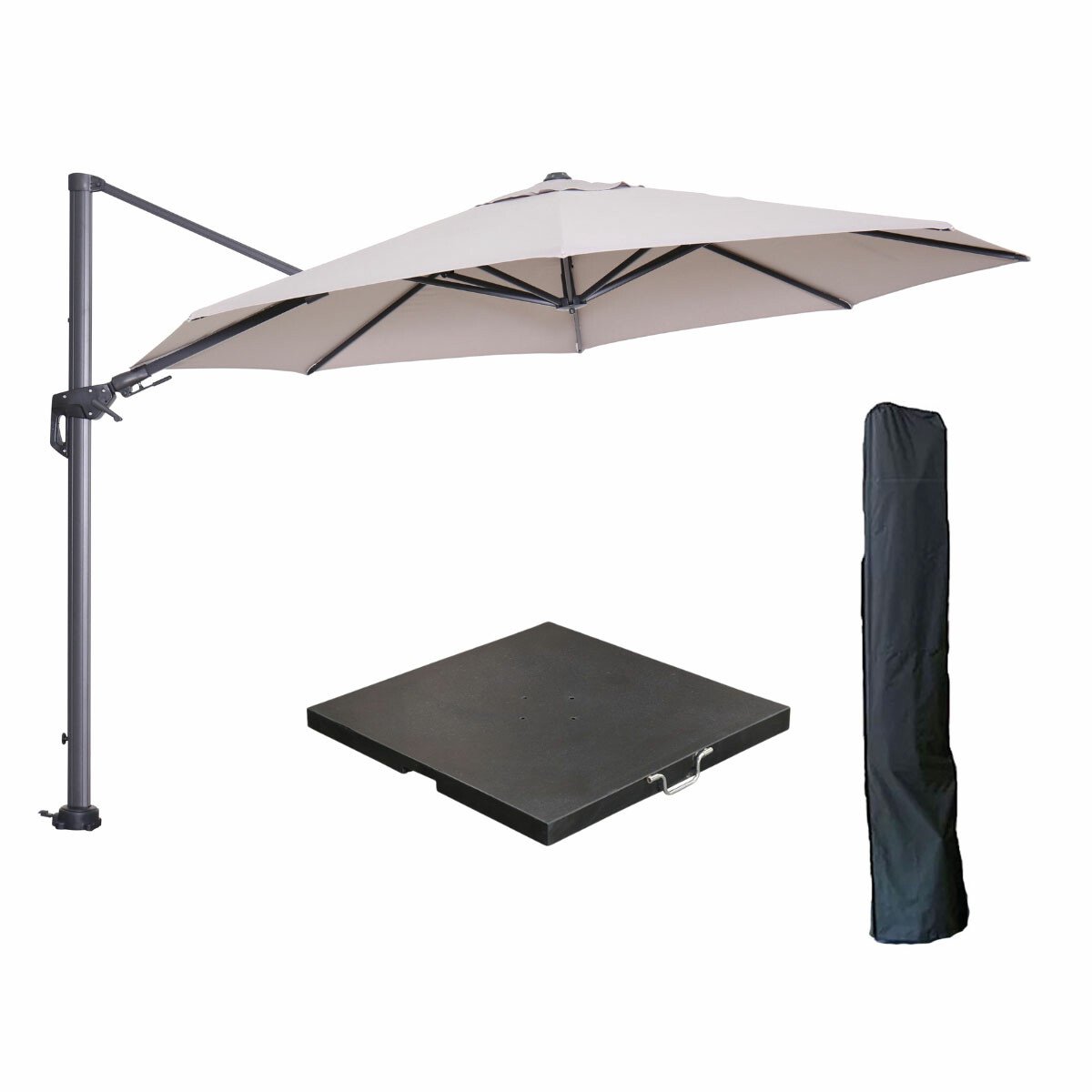 Garden Impressions Hawaii zweefparasol Ø350 cm carbon black / zand met 90kg black polished parasolvoet en parasolhoes (8721552305772)