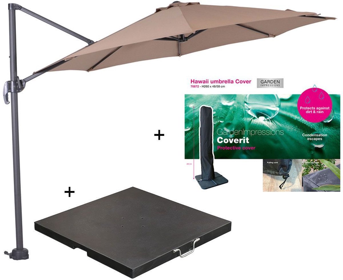 Garden Impressions Hawaii zweefparasol S Ø300 - donker grijs/taupe met 80 kg parasolvoet en parasolhoes (8721552305970)