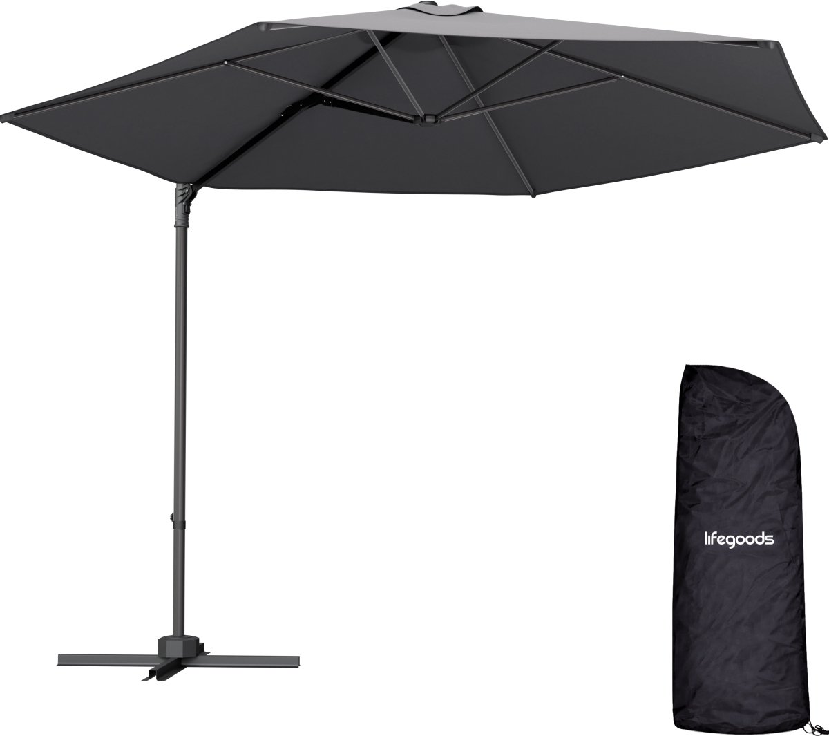 LifeGoods Zweefparasol - Ø300 cm - One-push Systeem - Waterdicht - met Hoes - Antraciet (8721055564782)