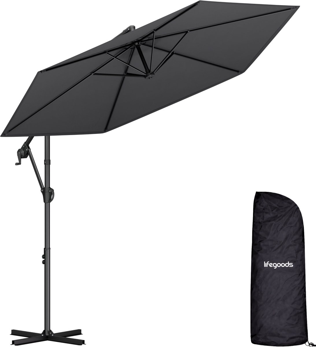 LifeGoods Zweefparasol - Rond Ø300 cm - Inclusief Beschermhoes - UPF 50+ en Waterdicht - Donkergrijs (8718001000364)