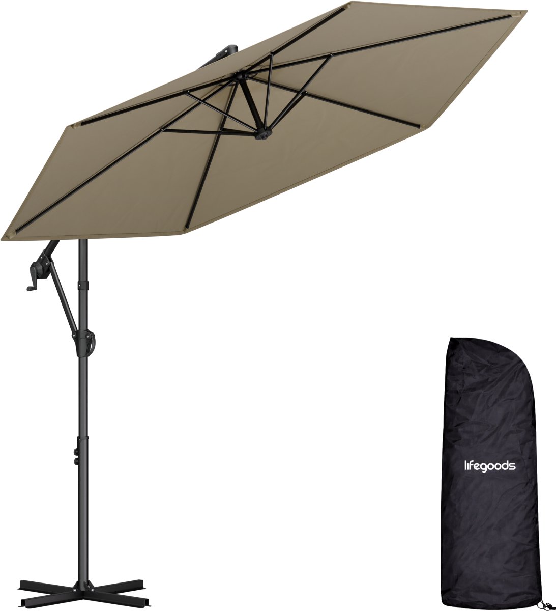 LifeGoods Zweefparasol - Rond Ø300 cm - Inclusief Beschermhoes - UPF 50+ en Waterdicht - Taupe (8718001000371)