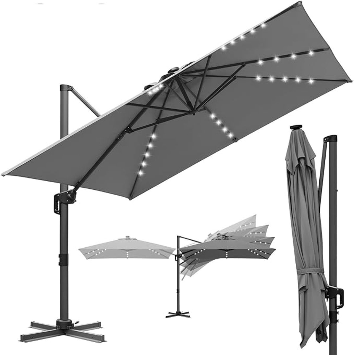 Luxe 360° Draaibare & Kantelbare Zweefparasol 300x300 cm UV50+ Solar LED met Zwengel Aluminium Tuinparasol (9505531545156)