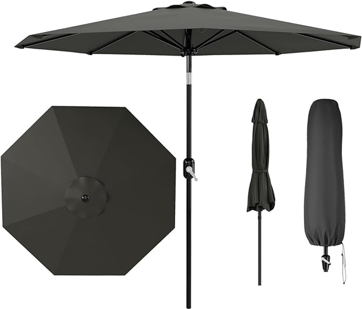 Luxe Kantelbare Stokparasol Ø 270 cm met Zwengel - UV50+ & Waterafstotend - Tuinparasol met 8 Baleinen - Balkon & Terras - Grijs (6950000120946)