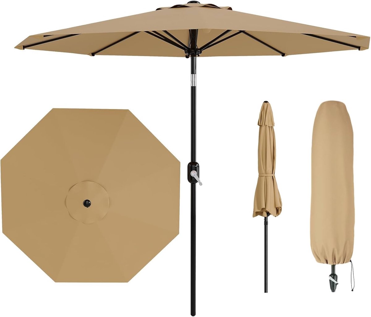 Luxe Kantelbare Stokparasol Ø 270 cm met Zwengel - UV50+ & Waterafstotend - Tuinparasol met 8 Baleinen - Balkon & Terras - kakikleur (6950000120953)