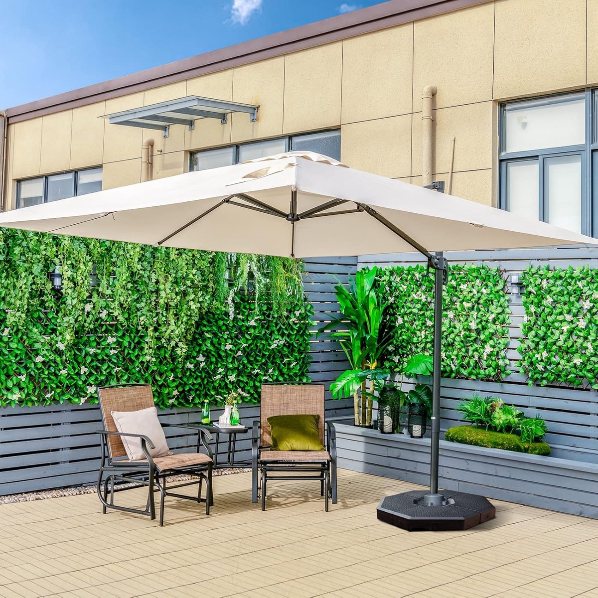 Luxe Vierkante Zweefparasol 300 x 300 cm met 360° Rotatie en Traploze Kantelfunctie - UV-bestendig & Waterafstotend - Gepoedercoat Frame - Beige (9501511694227)