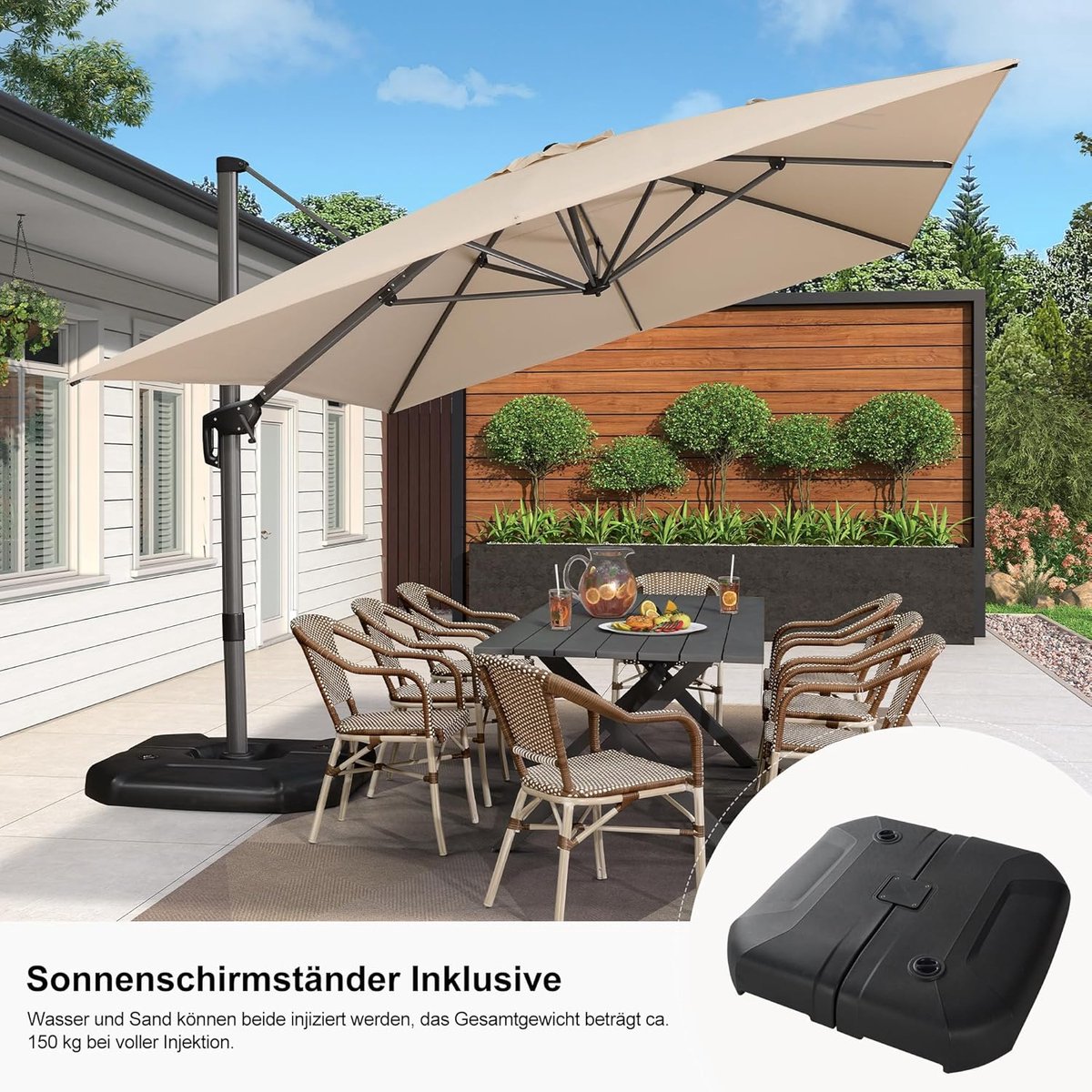 Luxe XXL Zweefparasol 400 x 300 cm met 360° Rotatie, Aluminium Frame, Inclusief Parasolvoet en Crank - UV-Bestendige Rechthoekige Tuinparasol Beige (9504926669255)
