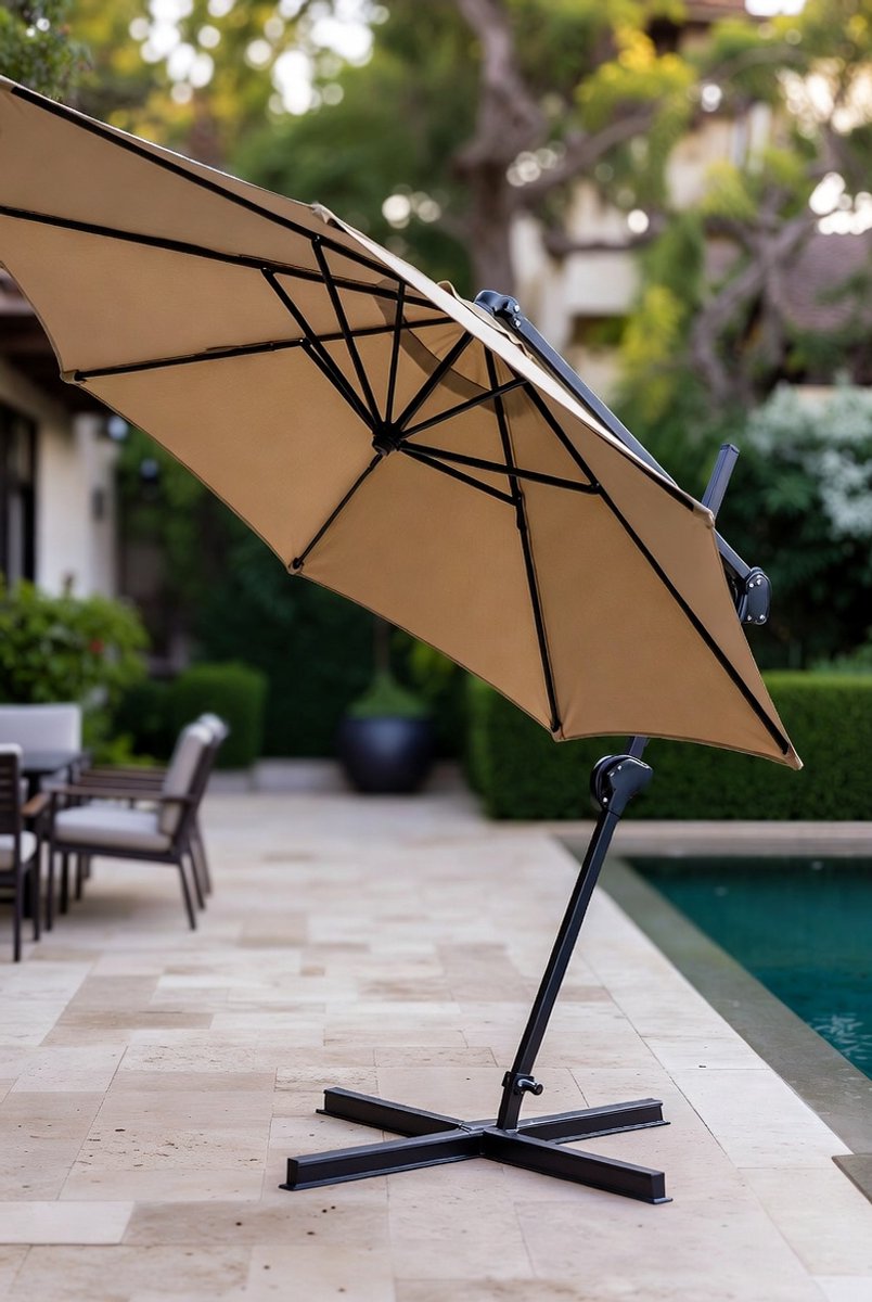 Luxe Zweefparasol 300x300 cm - Rechthoekige 360° Draaibare en 3-Standen Kantelbare Hangparasol met Zwengel, 8 Ribben, Waterafstotend Polyester, Terras- & Tuinparasol met Stabiele Constructie - Bruin Furnitureland (9509196723737)