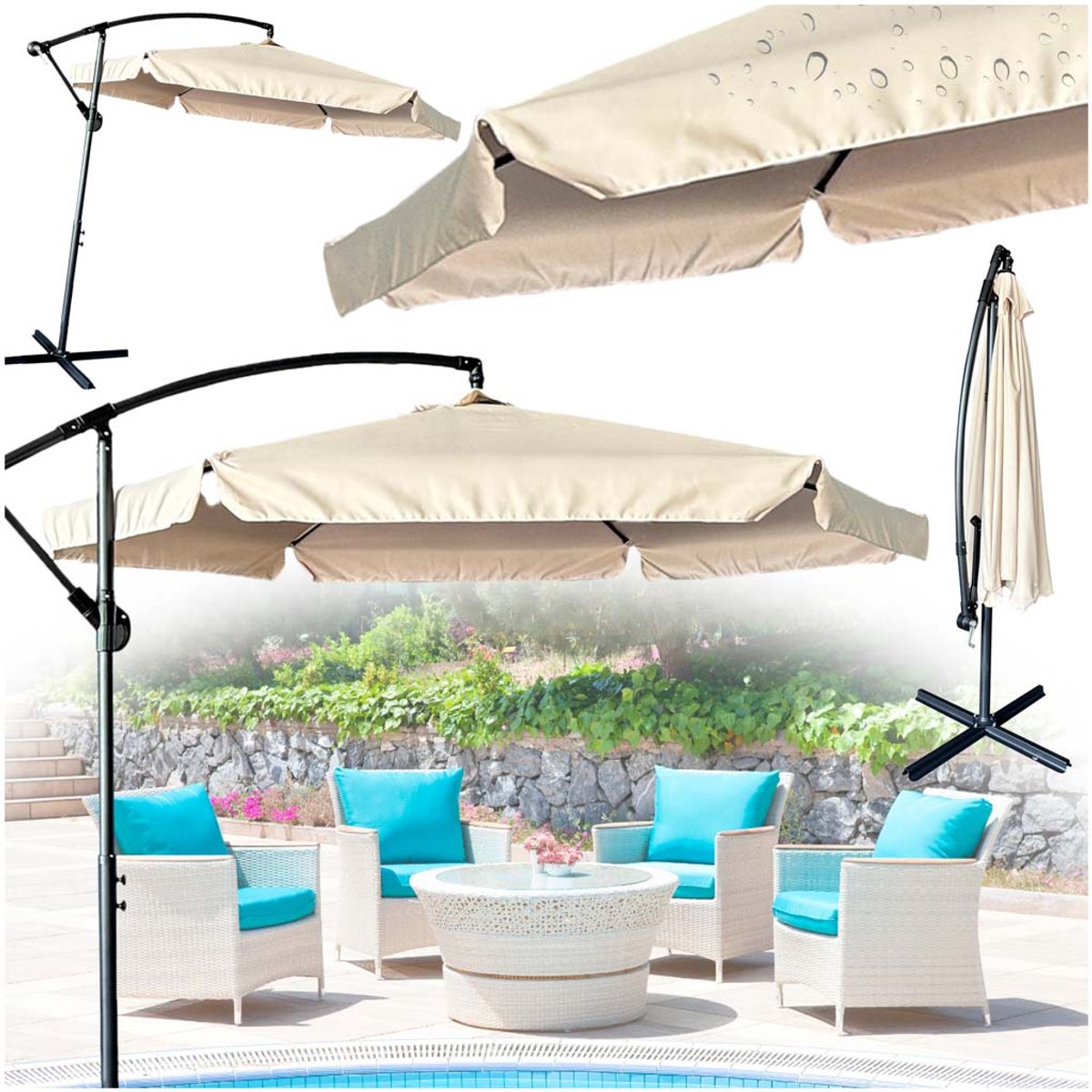 MOZY® - Zweefparasol - met Voet en Beschermhoes - Ø 290 cm - Beige - Kantelbaar - Verstelbare Hoogte - Tuinparasol - Terrasparasol - UV-bestendig (8721022058504)