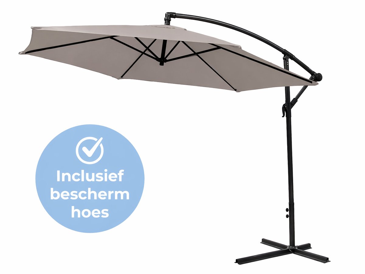 Muntel® Zweefparasol met Voet 300 cm - Kantelbaar - Parasol met Ventilatie - Inclusief Beschermhoes - Taupe (8720985204379)