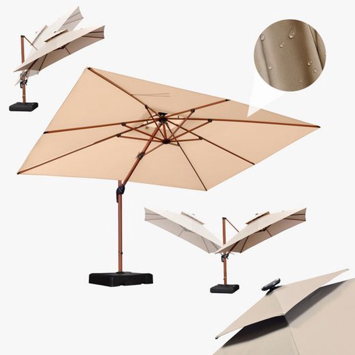 PURPLE LEAF Rechthoek Parasol - 360 ° Draaibaar - Kantelbaar - UV werend doek - Houtlook - Windbestendige Zweefparasol (8683769594519)