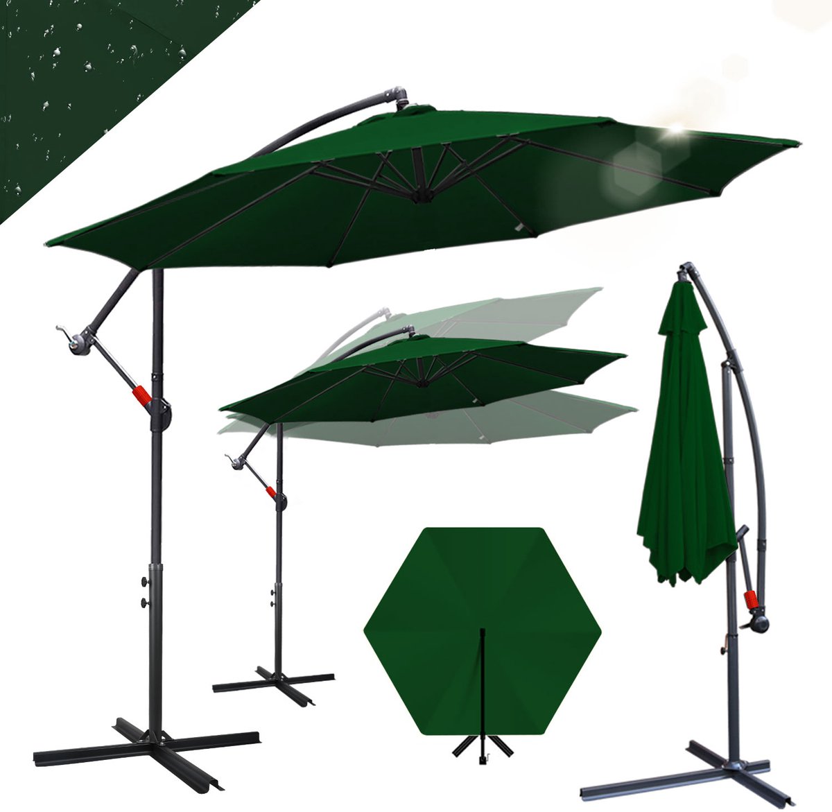 Parasol met Standaard 300 cm - Zonwering voor Balkons, Tuinen en Terrassen - Grote Zweefparasol met Zwengelsysteem - Stevig Frame - Groen (9360170092283)