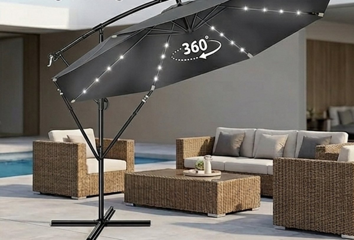Premium Aluminium Zweefparasol Ø300 cm met Solar LED Verlichting, Zwengel, Verstelbare Kantelfunctie, Inclusief Beschermhoes en Parasolvoet - Tuinparasol / Marktscherm UV-bescherming | Mobili Bella (9502158869672)