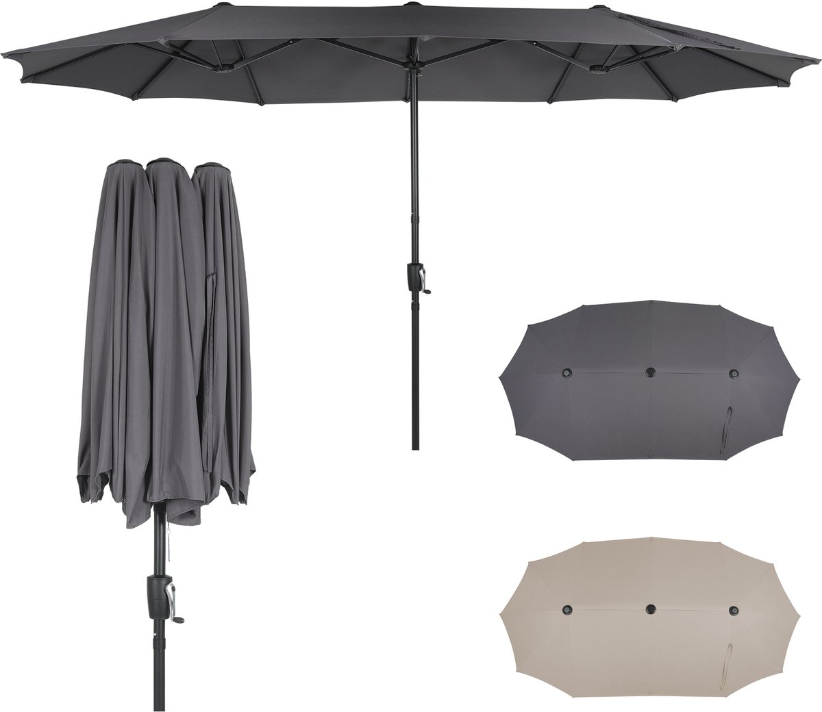 Puluomis - Dubbele parasol - 400x200cm - Stokparasols - UV50+ - Rechthoekige tuinparasol - Aluminium - Incl. beschermhoes - Grijs (6979076882060)