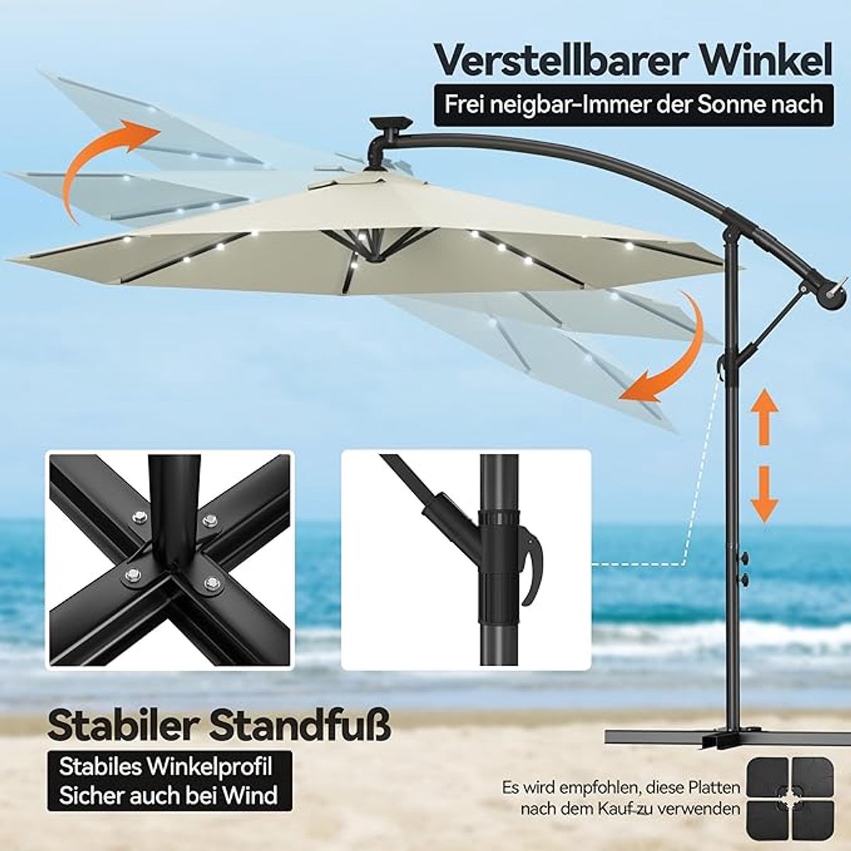Solar LED Aluminium Zweefparasol 300 cm - Depauwonen Luxe Tuin- & Terrassenparasol met Zwengel, In Hoogte Verstelbaar, 32 LED's, UV-bescherming 40+, Waterafstotend, 8 Ribben, Stabiele Kruisvoet, Beige (9507824542439)