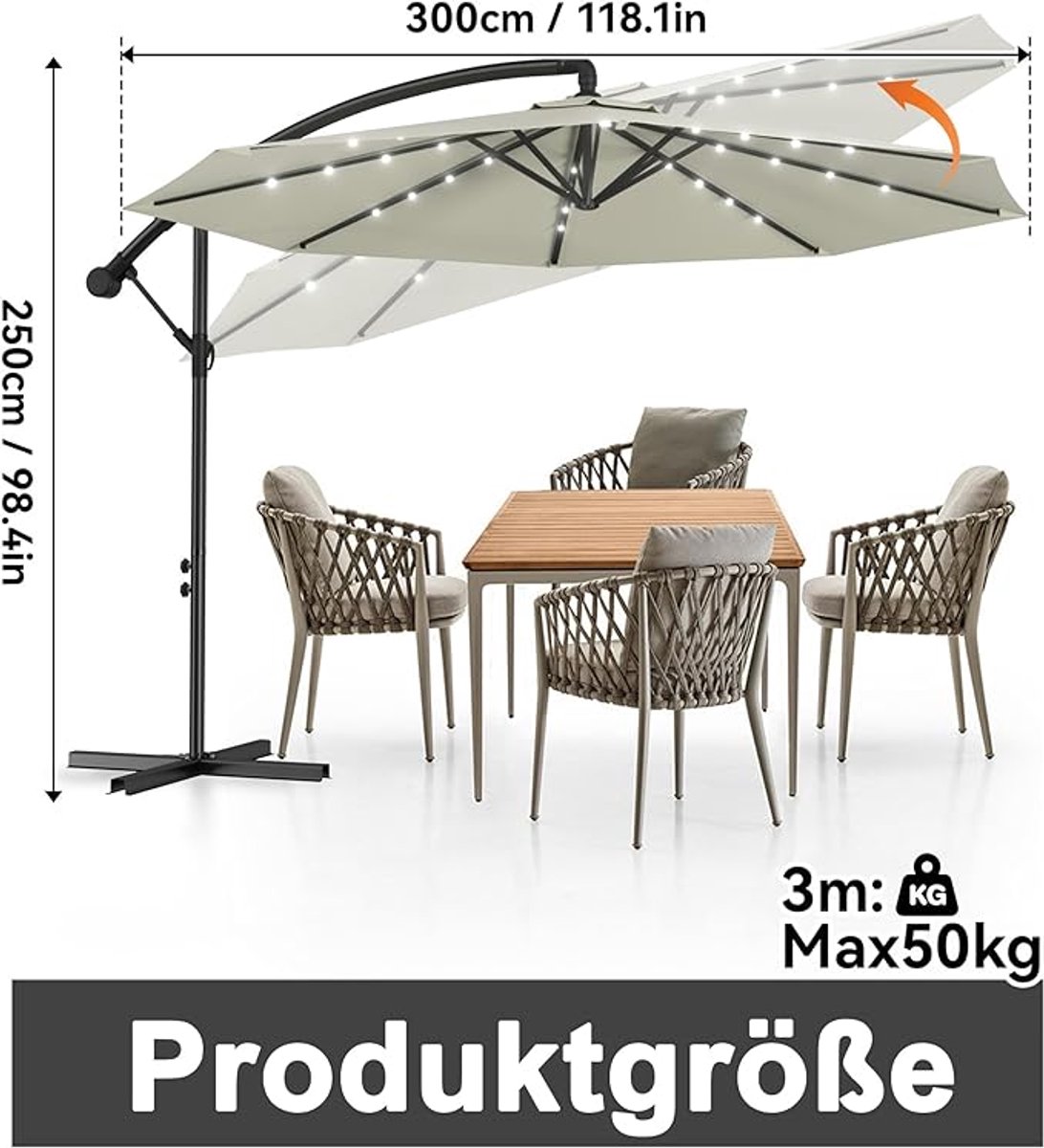 Solar LED Aluminium Zweefparasol 350 cm - Depauwonen Luxe Tuin- & Terrassenparasol met Zwengel, In Hoogte Verstelbaar, 32 LED's, UV-bescherming 40+, Waterafstotend, 8 Ribben, Stabiele Kruisvoet, Beige (9505588884765)