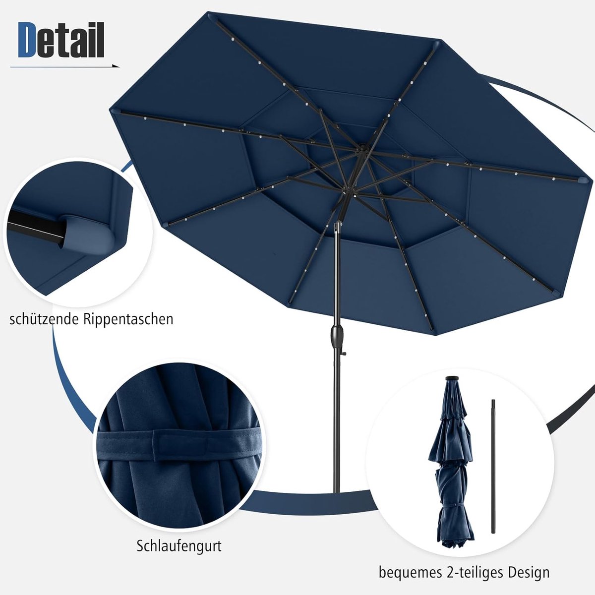 Stokparasol met LED-verlichting Depauwonen - Rond 300 cm terrasparasol, windbestendig en knikbaar, zonne-energie LED, marineblauw, patio parasol voor tuin en balkon (9508219512228)
