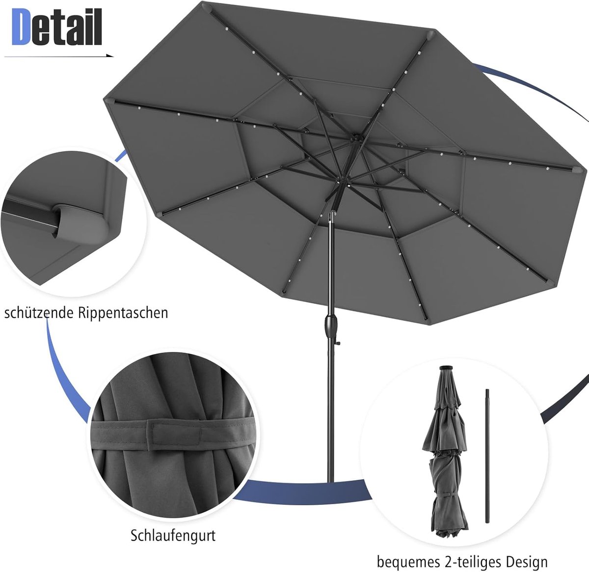 Stokparasol met LED verlichting op zonne-energie - Depauwonen 300 cm Ronde Tuinparasol Antraciet, 32 LED-lampjes, 3-Laags Ventilatie, 35° Kantelbaar, Windbestendig, Met Zwengel voor Balkon, Terras, Tuin & Horeca (9501489255468)