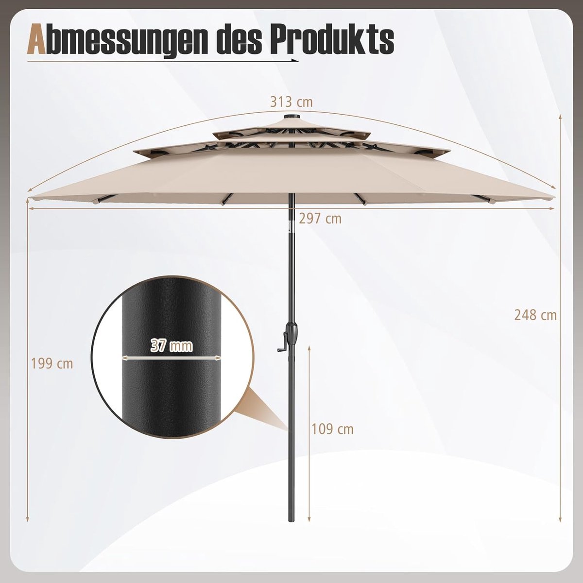 Stokparasol met LED verlichting op zonne-energie - Depauwonen 300 cm Ronde Tuinparasol met 32 LED-lampjes, 3-Laags Ventilatie, 35° Kantelbaar, Windbestendig, Met Zwengel voor Balkon, Terras, Tuin & Horeca - Beige (9503944665911)