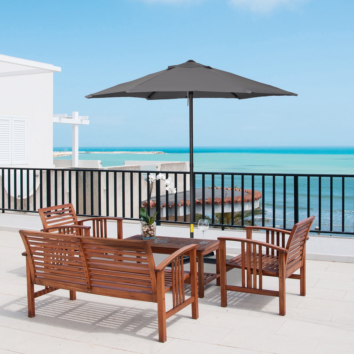 Wishdor Compacte Stokparasol Ø 200 cm (196cm) - Balkonparasol met Push-Up Systeem & Windvang - UV-Beschermend - Donkergrijs (4070904128984)