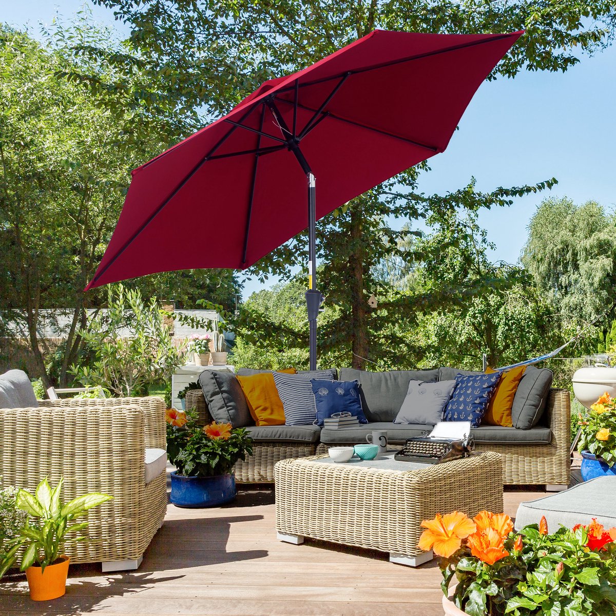 Wishdor Luxe Stokparasol Ø 260 cm - Kantelbare Tuinparasol met Handslinger & Windvanger - Aluminium - Rood (4070904118466)