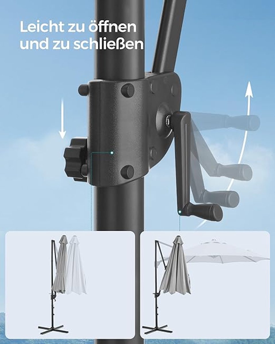 Zweefparasol 300 cm - 360° Draaibaar & Kantelbaar 0-60° - UPF 50+ UV-Bescherming - Met Zwengel & Kruisvoet - Stalen Frame - Tuin, Terras & Balkon - Duifgrijs - Nicolehome (9505213997495)