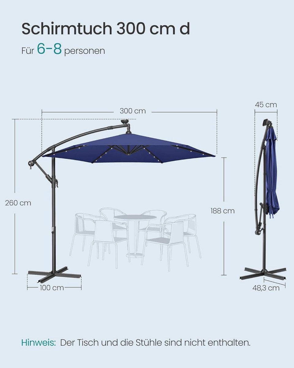 Zweefparasol 300 cm Depauwonen met LED-verlichting op zonne-energie, marineblauw, met standaard, UV-bescherming UPF 50+, kantelbaar en draaibaar, voor terras, balkon, tuin en patio, 32 LED-lampjes, polyester 180 g/m² (9509777962159)
