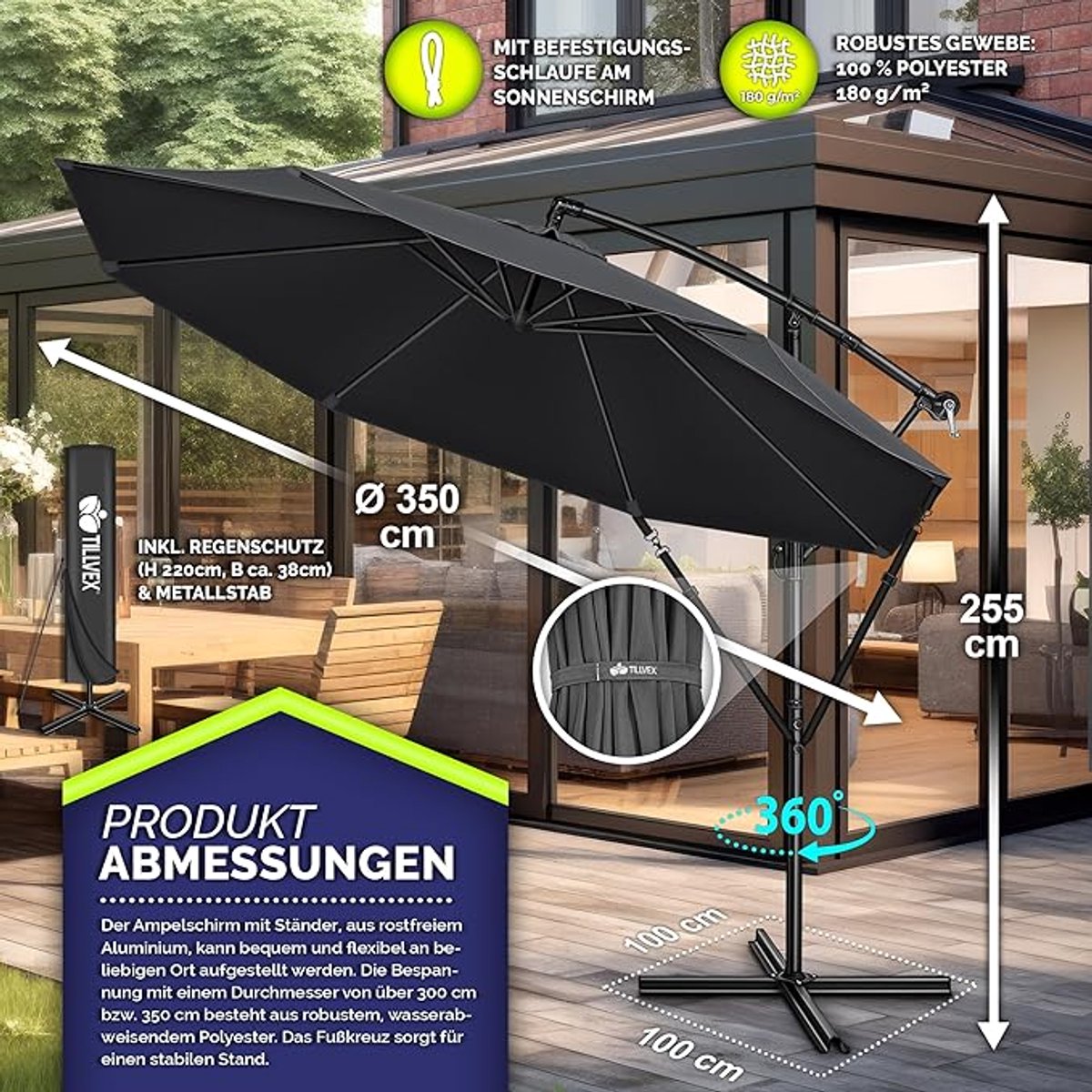 Zweefparasol 300 cm Diameter - 360° Draaibaar & Kantelbaar, Aluminium Frame, UV50+ Zonbescherming, Waterafstotend - Inclusief Standaard, Hoes & Windbeveiliging - Antraciet - Nicolehome (9502873576510)