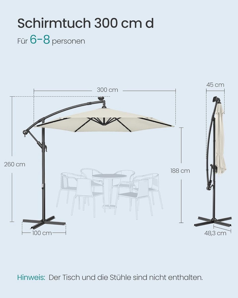 Zweefparasol 300 cm met LED Solar Verlichting en Standaard - Depauwonen Luxe Hangparasol Beige - UPF 50+ UV-Bescherming - Kantelbaar - Met Zwengel - Voor Tuin, Terras en Balkon (9509933572239)