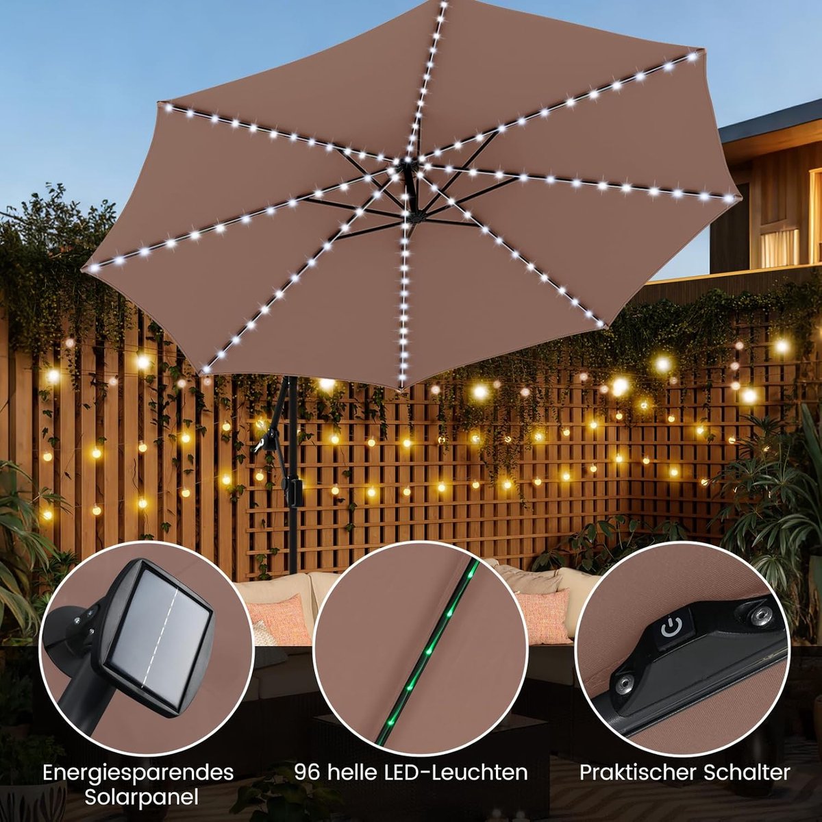 Zweefparasol 300 cm met LED Verlichting & Standaard - 360° Draaibaar, Kantelbaar, Solar Verlichting (9 Modi), Grote Tuinparasol Ø300 x 260 cm Bruin - Nicolehome (9504539111219)