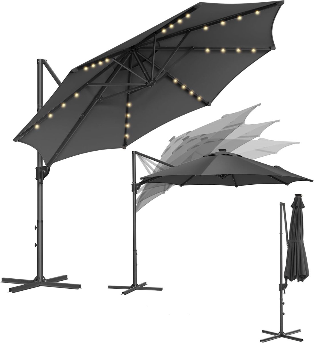 Zweefparasol 300 cm met LED Verlichting & Zonnepaneel - 28 LED Lampen, 360° Draaibaar, Traploos Kantelbaar, UPF 50+, Incl. Kruisvoet - Grijs - Nicolehome (9506862259910)