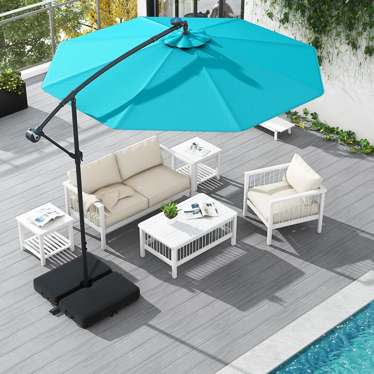 Zweefparasol 300 cm met LED verlichting & zonnepaneel - Kantelbare Hangparasol met Zwenkarm, Inclusief Standaard en Zandzakken, UV-bescherming, Waterafstotend, Achthoekig Tuinscherm Turquoise - Nicolehome (9507294166456)