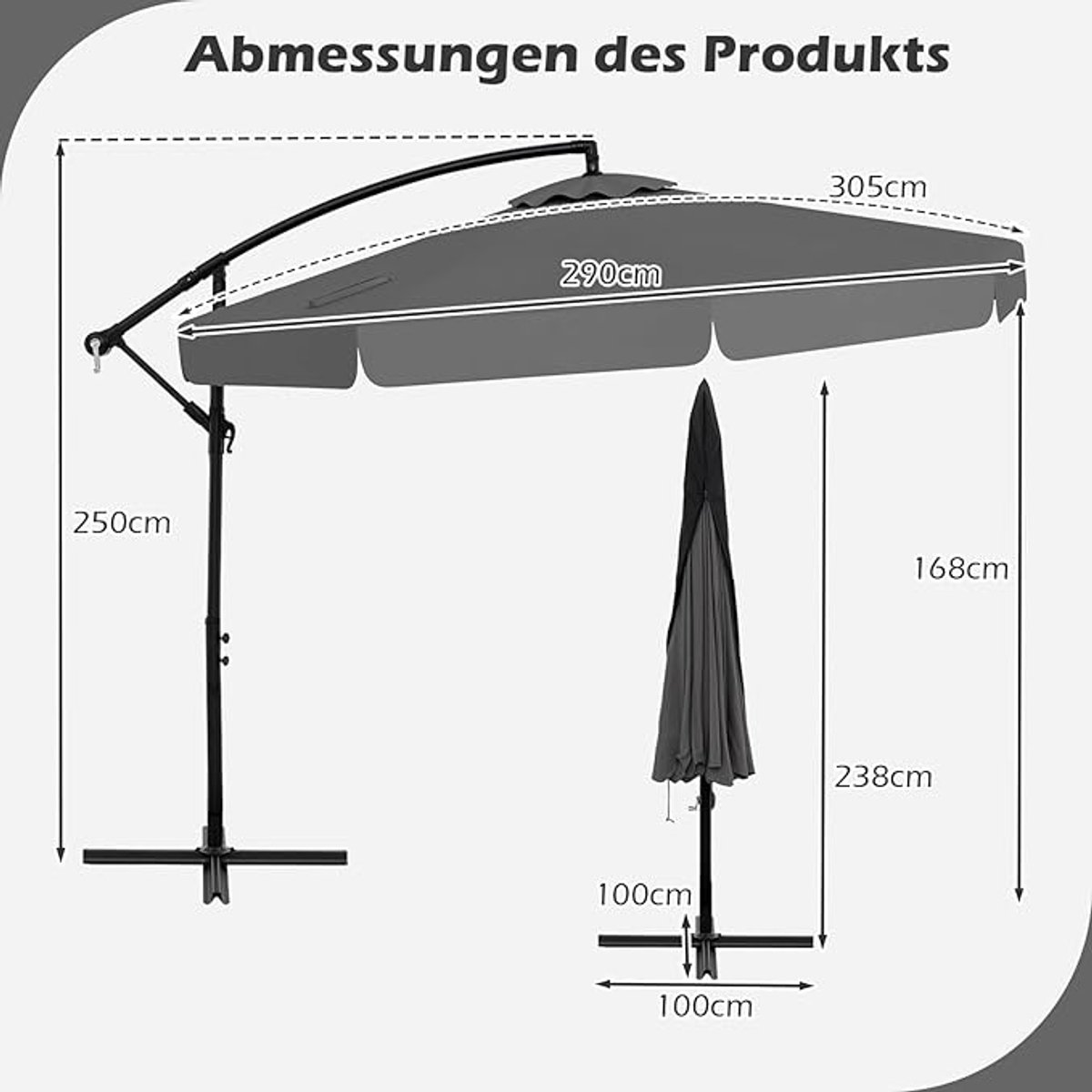 Zweefparasol 300 cm x 250 cm - Cantilever Tuinparasol met Beschermhoes, Dubbel Dubbellaags Dak, Kantelbaar 0-35°, Zwengelbediening, 8 Sterke Metalen Ribben, Metaal Frame - Mobili Bella (9501451231810)