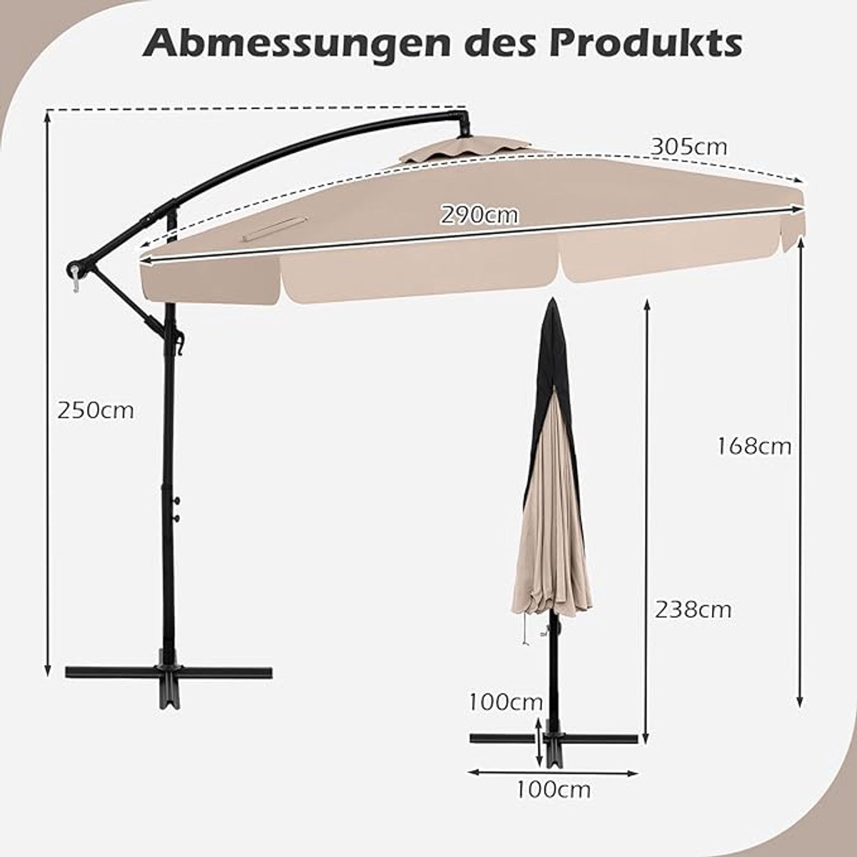 Zweefparasol 300x250 cm Hangparasol met Kantelbare 0-35° Verstelling, Zwengelbediening, 8 Ribben, Inclusief Waterdichte Beschermhoes - Tuinparasol voor Terras, Tuin en Zwembad - Mobili Bella (9505548656814)