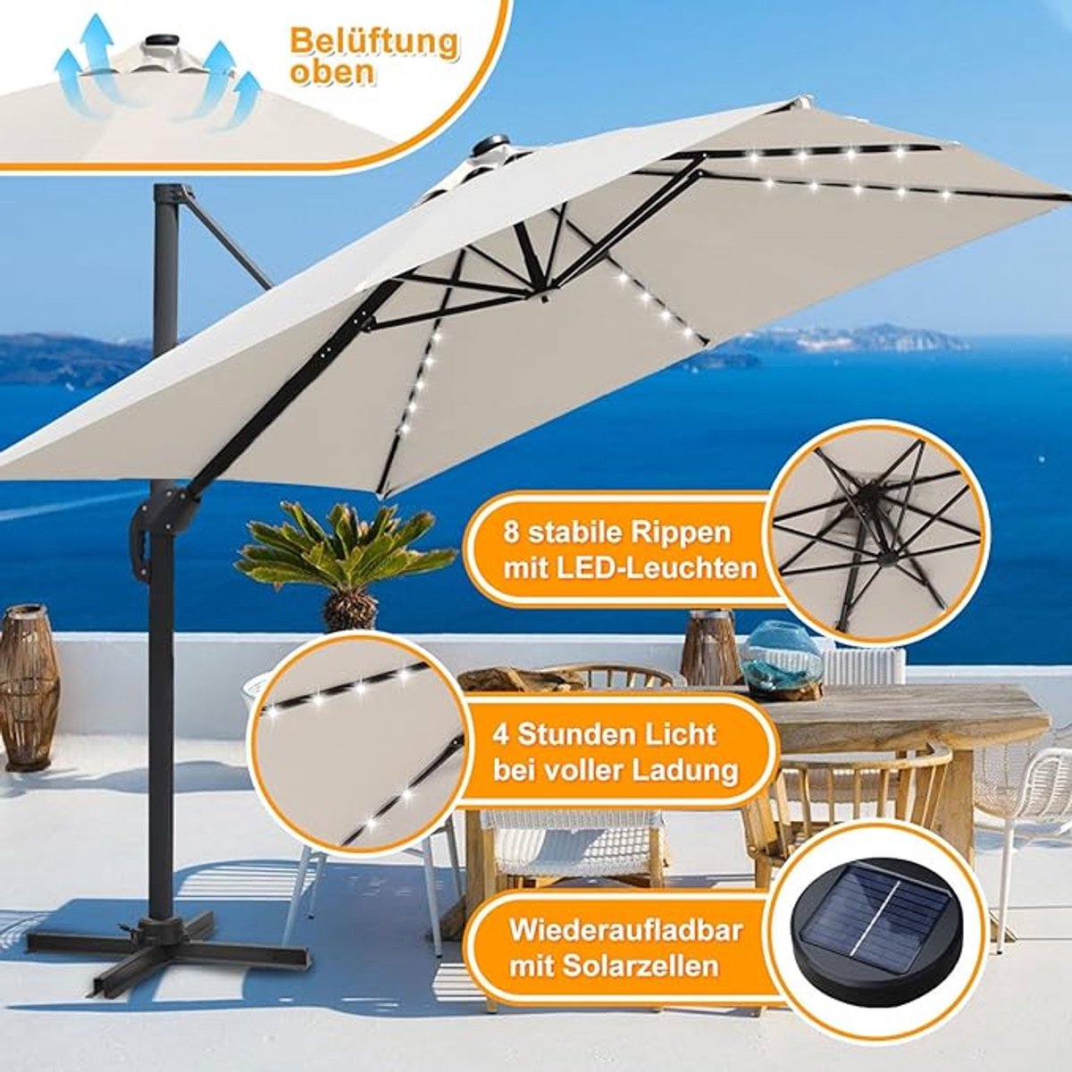 Zweefparasol 300x300 cm - 360° Draaibaar met Voetpedaal & 4-Standen Kantelbaar - UV50+ Waterdicht - Aluminium Frame - Luxe Tuin Parasol voor Terras, Balkon & Zwembad - Mobili Bella (9502814616251)